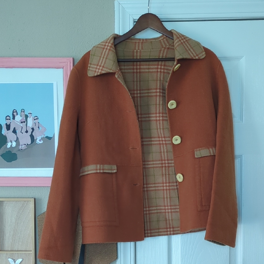 Quirky Orange Plaid Lined Women's Pea Coat
